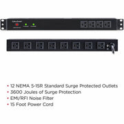 CyberPower Rackbar Surge Suppressor RM 1U RKBS15S4F8R 15A 12-Outlet - RKBS15S4F8R