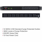 CyberPower Rackbar Surge Suppressor RM 1U RKBS15S6F8R 15A 14-Outlet - RKBS15S6F8R