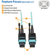 Tripp Lite by Eaton 3 Meter MTP / MPO Patch Cable, 12 Fiber, 40GbE Aqua OM3 Plenum - N844-03M-12-P