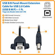 Tripp Lite by Eaton U025-001-PM 1-ft. Panel Mount USB 2.0 Extension Cable (USB B M/F) - U025-001-PM
