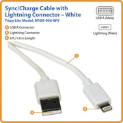 Tripp Lite 6ft Lightning USB/Sync Charge Cable for Apple Iphone / Ipad White 6' - M100-006-WH