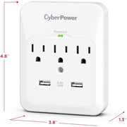 CyberPower CSP300WUR1 Professional 3-Outlets Surge with 600J, 2-2.1A USB and Wall Tap - Plain Brown Boxes - CSP300WUR1