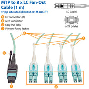 Tripp Lite by Eaton 1M (3.28-ft.) MTP / MPO Fan-out Cable, MTP/MPO to 8 x LC, 40GbE OM3 Plenum - N844-01M-8LC-PT