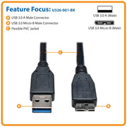 Tripp Lite series USB 3.0 SuperSpeed Device Cable (A to Micro-B M/M) Black, 1-ft. - U326-001-BK