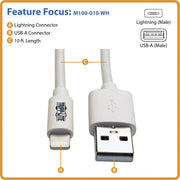 Tripp Lite by Eaton USB Sync/Charge Cable with Lightning Connector, White, 10 ft. (3 m) - M100-010-WH