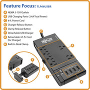 Tripp Lite Surge Protector Power Strip 6-Outlet w/4 USB Charging/Sync Ports - 6 x NEMA 5-15R, 4 x USB - 1800 VA - 1080 J - 120 V AC Input - TLP66USBR