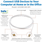 Tripp Lite Safe-IT USB-A to USB-B Antibacterial Cable (M/M), USB 2.0, White, 6 ft. - U022AB-006-WH