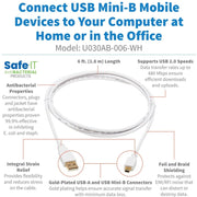 Tripp Lite Safe-IT USB-A to USB Mini-B Antibacterial Cable (M/M), USB 2.0, White, 6 ft. - U030AB-006-WH
