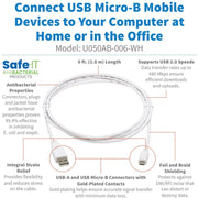 Tripp Lite Safe-IT USB-A to USB Micro-B Antibacterial Cable (M/M), USB 2.0, White, 6 ft. - U050AB-006-WH