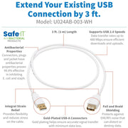 Tripp Lite Safe-IT USB-A Antibacterial Extension Cable (M/F), USB 2.0, White, 3 ft. - U024AB-003-WH