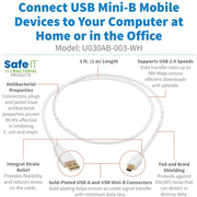 Tripp Lite Safe-IT USB-A to USB Mini-B Antibacterial Cable (M/M), USB 2.0, White, 3 ft. - U030AB-003-WH