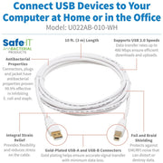 Tripp Lite Safe-IT USB-A to USB-B Antibacterial Cable (M/M), USB 2.0, White, 10 ft. - U022AB-010-WH