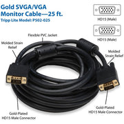 Tripp Lite 25ft SVGA / VGA Coax Monitor Cable with RGB High Resolution HD15 M/M 25' - P502-025